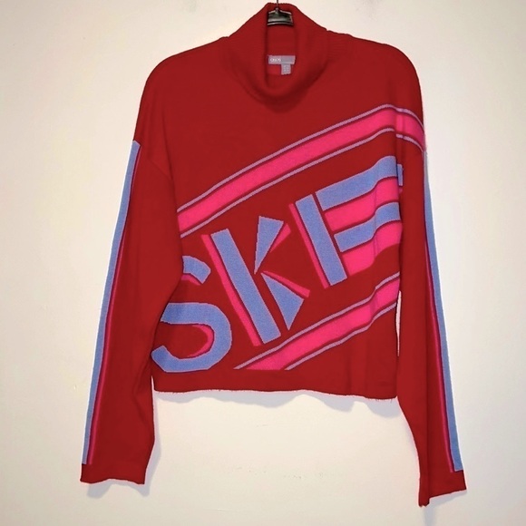 ASOS DESIGN ski slogan graphic sweater with racer stripe sleeves women’s size 14 - Picture 2 of 6
